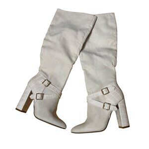 Knee-High JustFab Ivory Textured Heel Boots With Buckle Sz 6 Block Heel Alligato